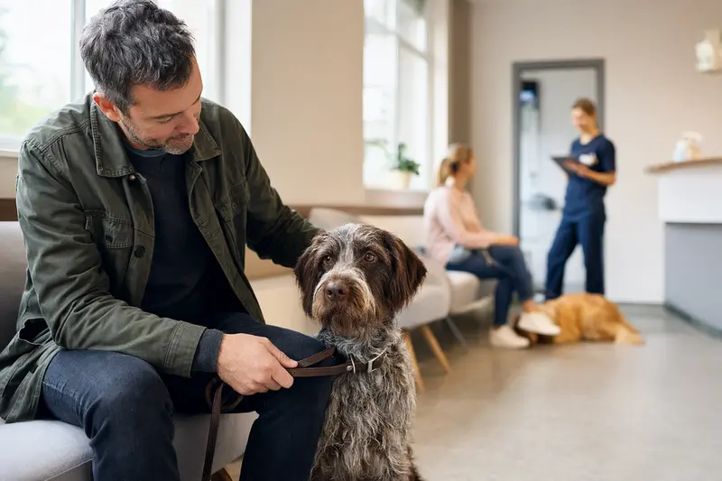 Ein Französischer Vorstehhund sitzt ruhig neben seinem Besitzer im hellen Wartezimmer einer modernen Tierarztpraxis.